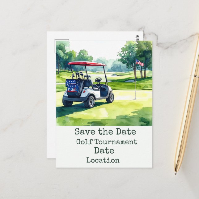 Golf Save the Date med golfboll & amerikansk flagg Vykort (Fram/Back In Situ)