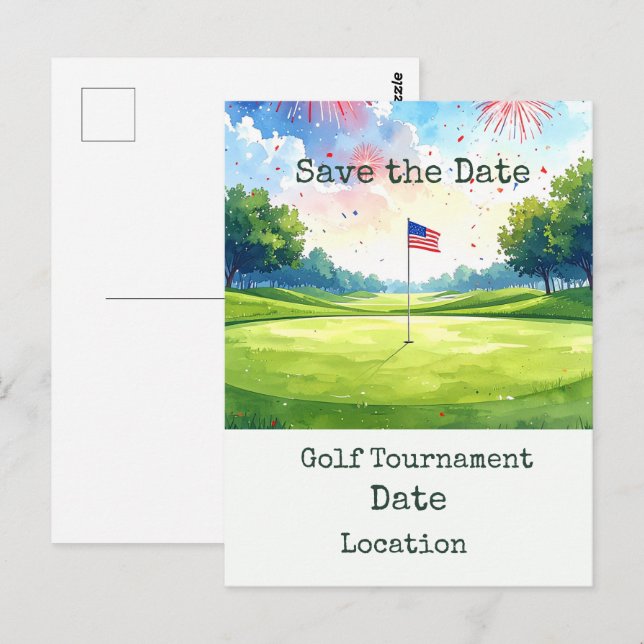 Golf Save the Date med golfboll & amerikansk flagg Vykort (Fram/baksida)