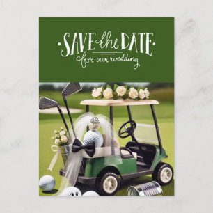 Golf Save the Date med golfkärra på grönt Vykort