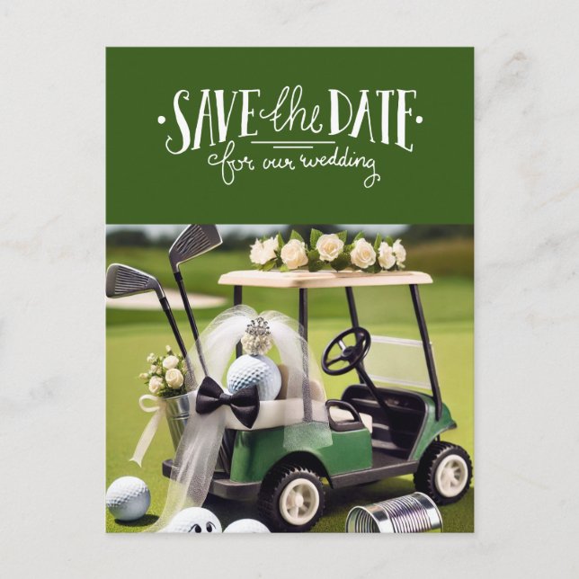 Golf Save the Date med golfkärra på grönt Vykort (Framsida)