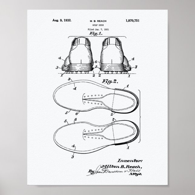 Golf Shoe 1932 Patent Art - White Papper Poster (Framsidan)