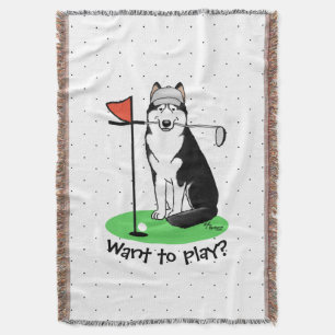Golf Siberian husky (svart) Hund Spela Cute Funny Filt