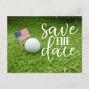 Golf Spara datumet med golfboll och USA-flagga Vykort