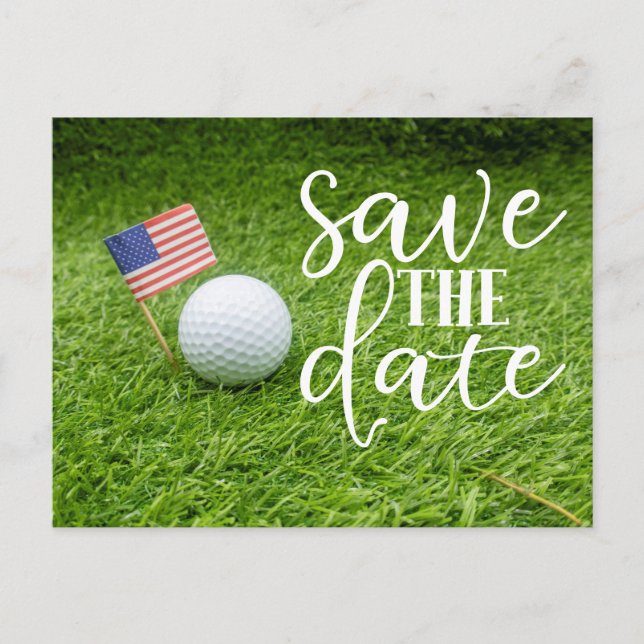 Golf Spara datumet med golfboll och USA-flagga  Vykort (Framsida)