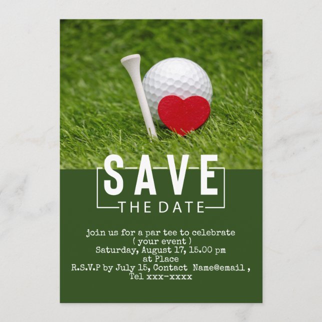 Golf sparar datumet med golf boll och rött hjärta inbjudningar (Framsida)