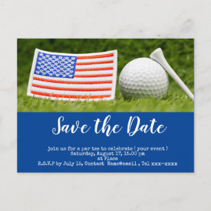 Golf sparar datumet med golf boll och USA flagga Vykort