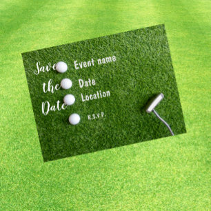 Golf sparar datumet med golf boll på grönt gräs vykort