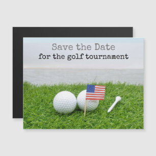 Golf sparar datumet med USA. flagga och golf bolla