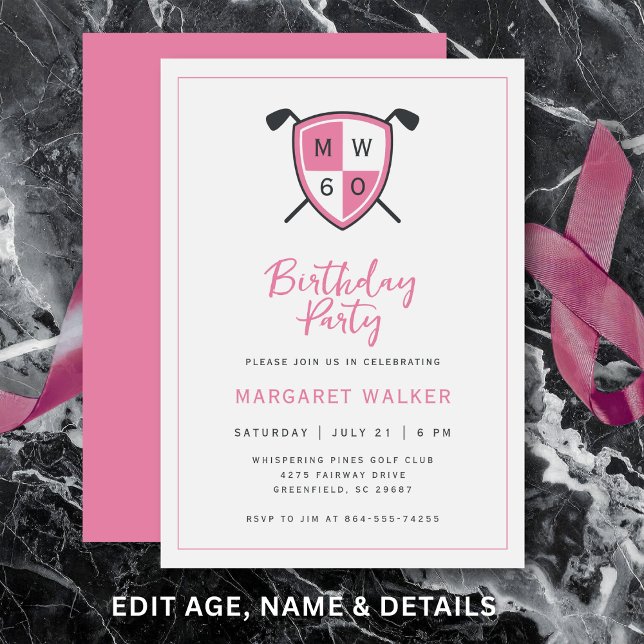 Golf Stylish 60-års Födelsedagsfest Modern Rosa Inbjudningar (Clean layout keeps party details stylish and easy to read.)