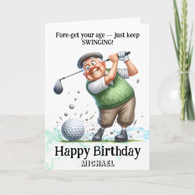 *~* Golf Swinging AP94 Lustigt födelsedagskort Tack Kort (Framsida)
