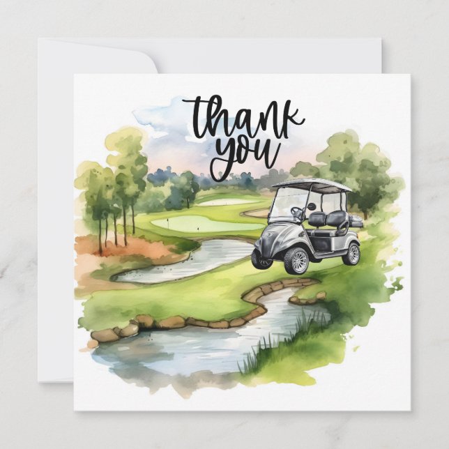 Golf-tack, ditt kort med golfvagn, vattenfärg (Framsida)