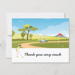 Golf-tack-kort med kvinnlig golfer i grönt