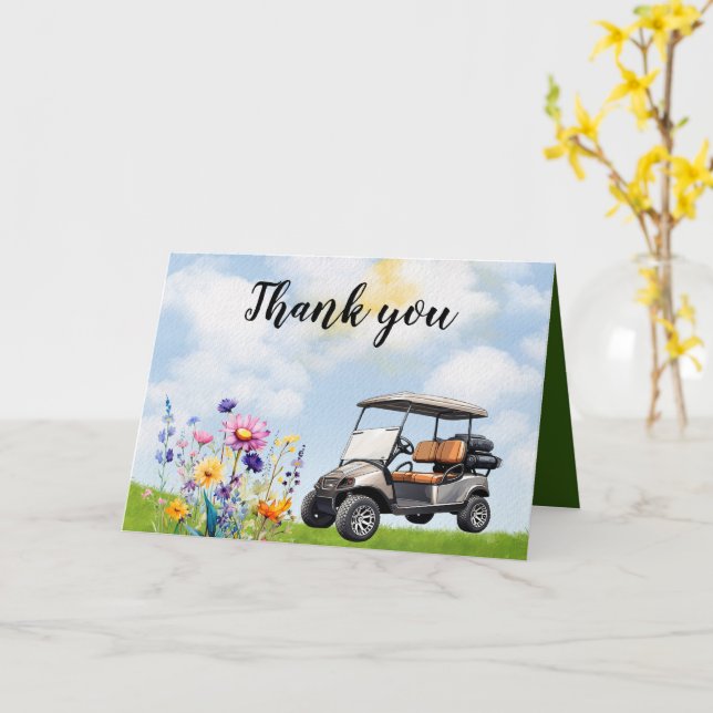 Golf Tack med golfkart och blommor Kort (Gul blomma)