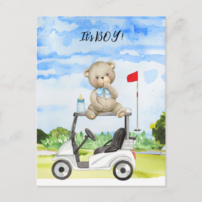 Golf Teddybjörn Det är en pojke för baby shower-in Vykort (Framsida)