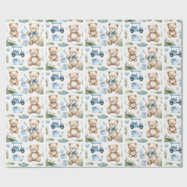 Golf Teddybjörn med golfkärra för babyboy-golfare Presentpapper (Platt)