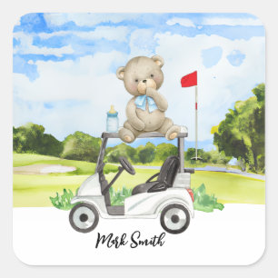 Golf Teddybjörn på golfkärra för baby golfare Fyrkantigt Klistermärke