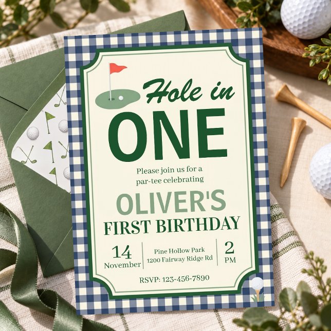 Golf tema 1-års födelsedagsfest Grön Gingham Inbjudningar (Skapare uppladdad)