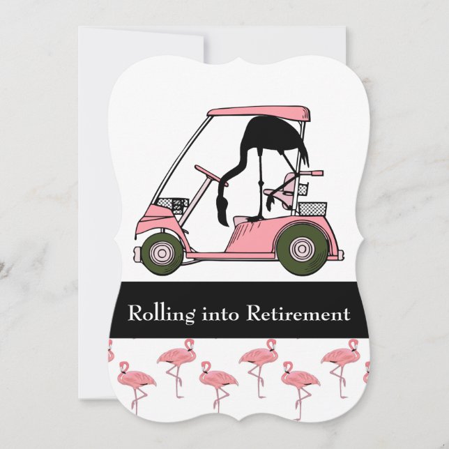 Golf tema pensionsfest golfkärra flamingo inbjudningar (Framsida)