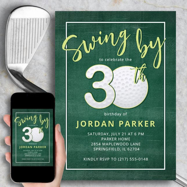 Golf tema swing by 30-årsdag Stilig grön Inbjudningar (Personalized details make it uniquely yours.)