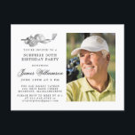 Golf Theme 50th SURPRISE Födelsedagsfest Photo Inbjudan Vykort<br><div class="desc">Elegantens svartvitt födelsedag för en golfer. Inbjudan är skriven med golftillbehör - en golfklubb, golf boll, hatt och handskar. Vattenfärgsdesignen skapar en traditionell och klassisk estetik. Perfekt för en födelsedagskalas vid klubben eller en bakgård BBQ. All text är lätt att redigera. Skapa inbjudan till perfekt på födelsedagen, med det koordinerande...</div>