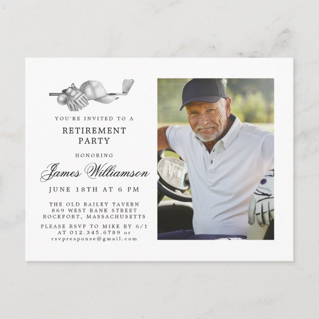 Golf Theme Pension Party Photo Black White Inbjudan Vykort (Framsida)