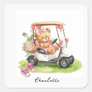 Golf tjej baby shower med teddybjörn på golfkärra fyrkantigt klistermärke