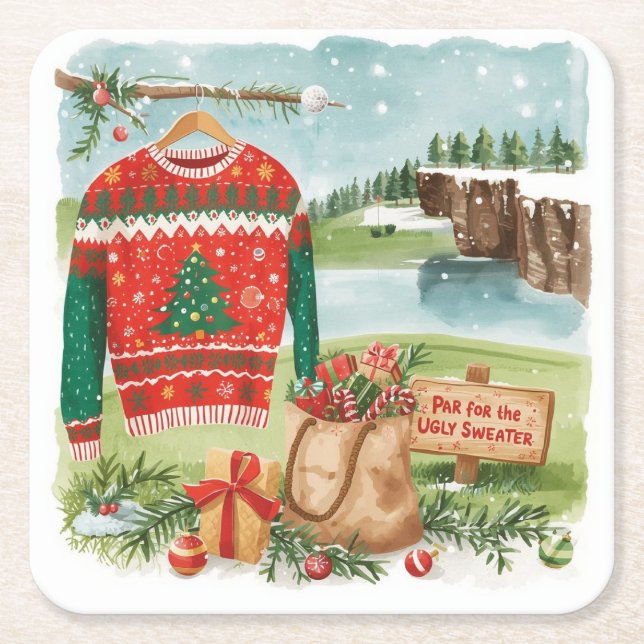 Golf Ugly Sweater Christmas for golfer Underlägg Papper Kvadrat (Framsidan)
