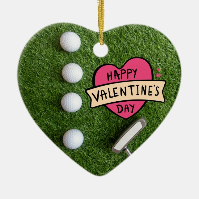Golf Valentindagen med boll för golfer Julgransprydnad Keramik (Framsidan)
