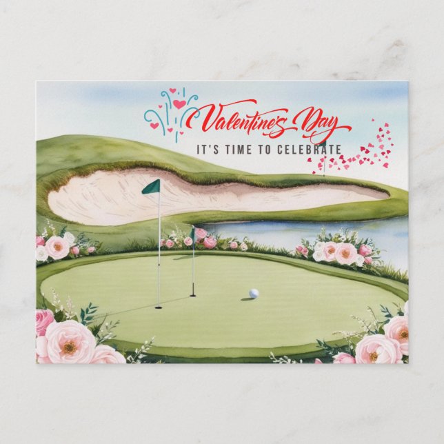 Golf Valentindagen med golfvagn på kursen Hol Helg Vykort (Framsida)