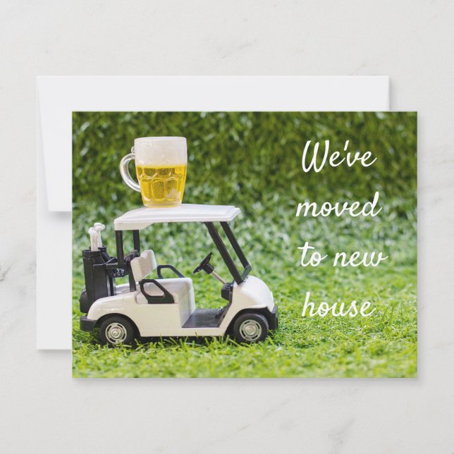 Golf vi har flyttat till ett nytt hus med golfvagn meddelande (Framsida)