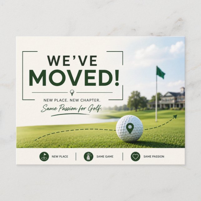 Golf vi har flyttat till nytt hus vykort (Framsida)