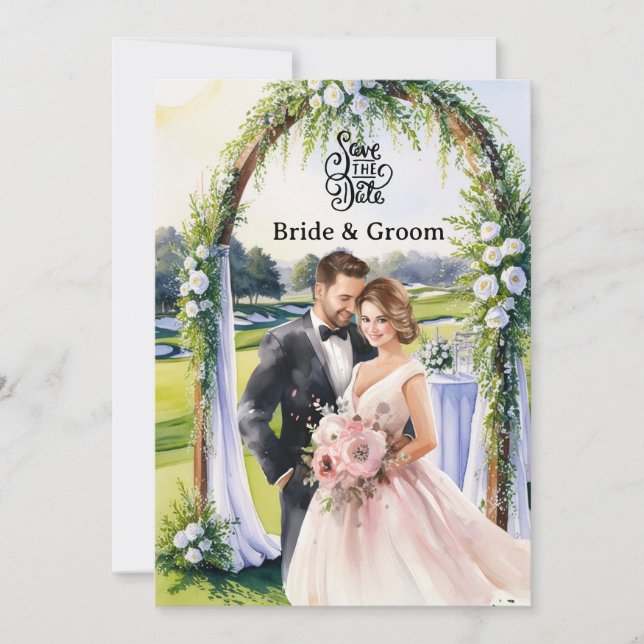 Golf Wedding Invitation card with bride and groom Inbjudningar (Framsida)