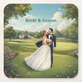 Golf Wedding Party with Bride & Groom on Green Underlägg Papper Kvadrat
