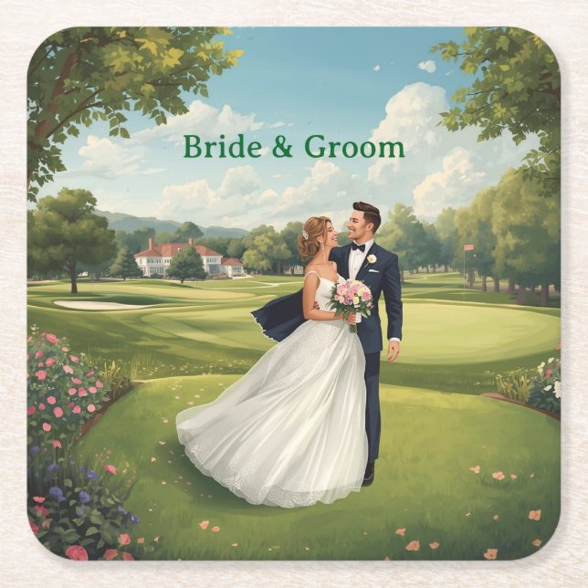 Golf Wedding Party with Bride & Groom on Green Underlägg Papper Kvadrat (Framsidan)