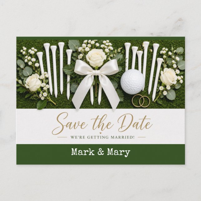 Golf Wedding Save the Date with White Golf Tees  Vykort (Framsida)