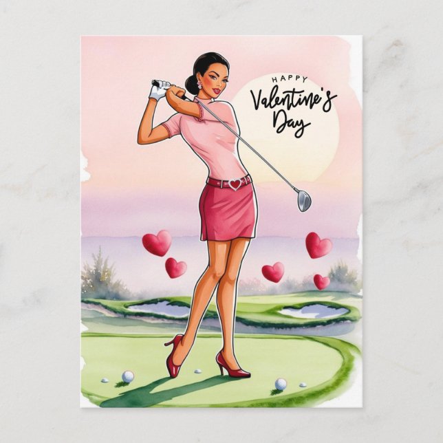 Golf Woman Golfer Golfing Valentindagen Helg Vykort (Framsida)