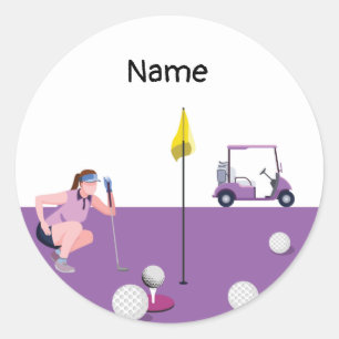 Golf Woman med Lila i kundvagn och boll Runt Klistermärke
