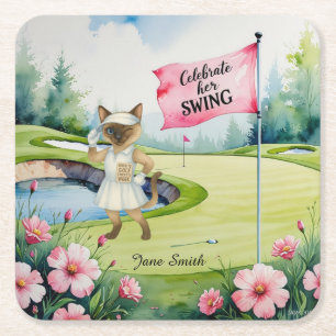 Golf Woman Tournament for Siamese Cat Golfer Underlägg Papper Kvadrat