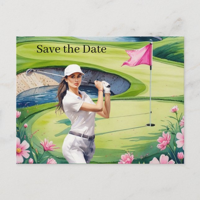 Golf Women's Golf Day Feminine med rosa blomma Inbjudan Vykort (Framsida)