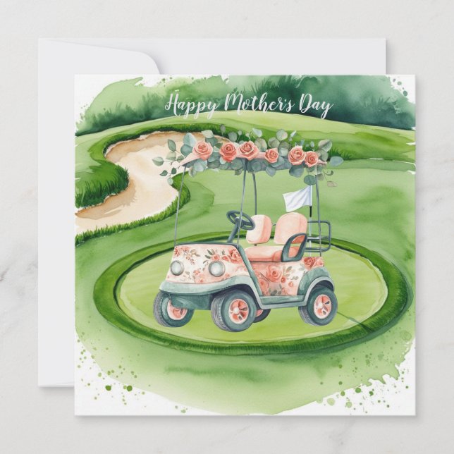 Golfa på mors dag med golfcart och blommor kort (Framsida)