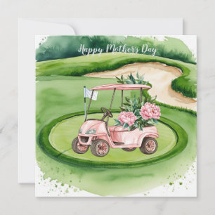 Golfa på mors dag med golfkärra och blommor kort