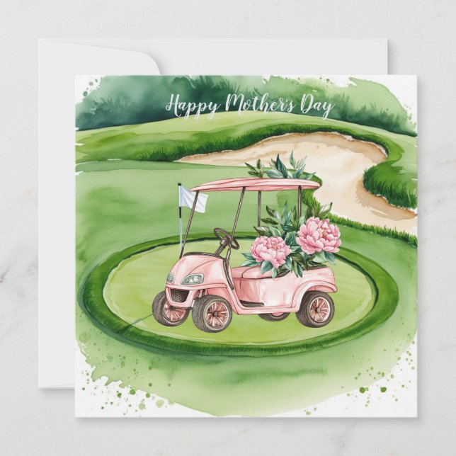 Golfa på mors dag med golfkärra och blommor kort (Framsida)