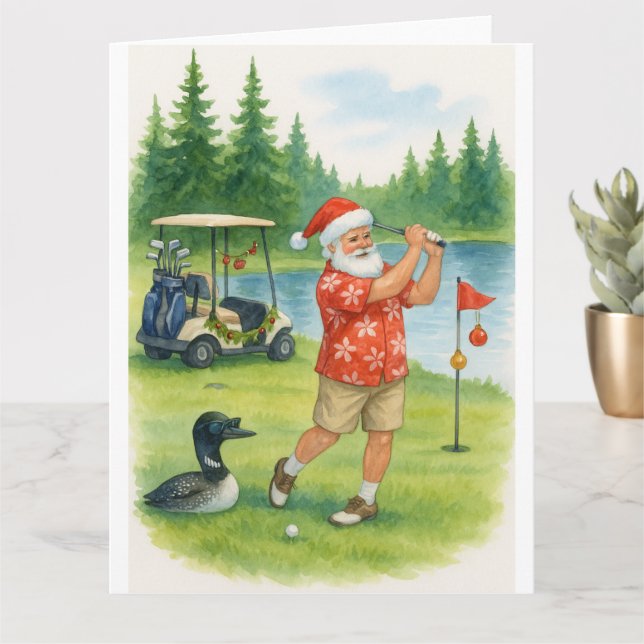 Golfande Tomte på Lake Holiday Julkort Kort (Liten växt)