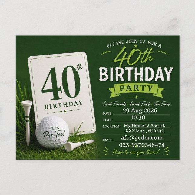 Golfare 40-årsdag inbjudan till födelsedagsfest vykort (Framsida)