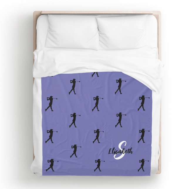 Golfare Mönster Monogram Periwinkle Blå Fleece (Golfer Pattern Monogrammed Name & Initial Periwinkle Blue Fleece Blanket Unique Golf Gift For Her)