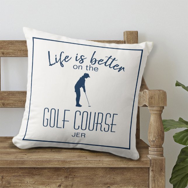Golfare Sport Citat Monogram Vit & Blå Kudde (Golfer Sports Quote Monogrammed White & Blue Throw Pillow)