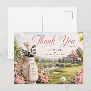Golfbag på golfbana med blommor vykort