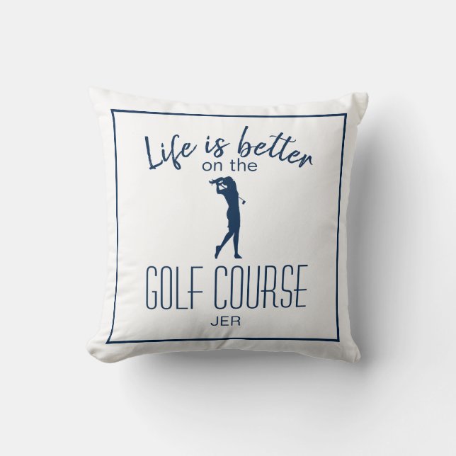Golfbana Golfare Citat Initialer Vit Blå Kudde (Framsida)