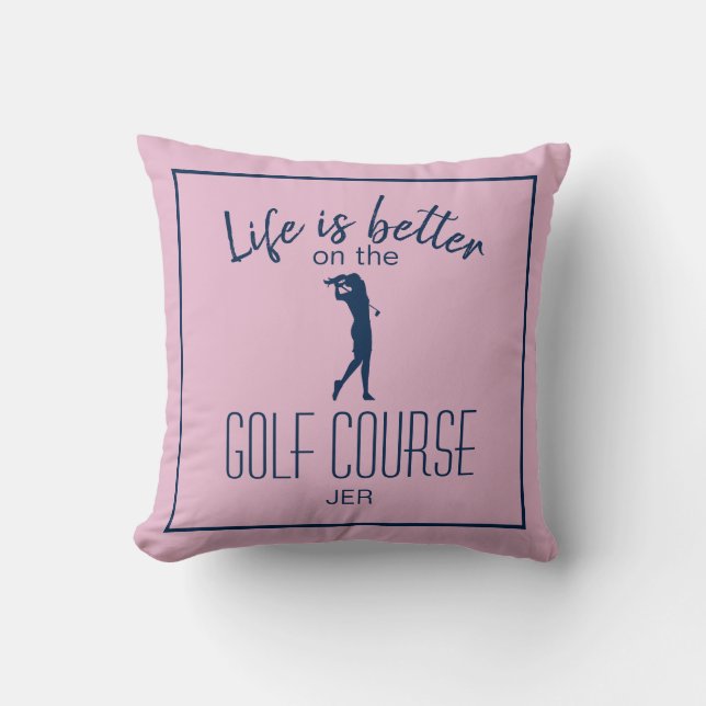 Golfbana Golfare Citat Monogram Pink Blå Kudde (Framsida)