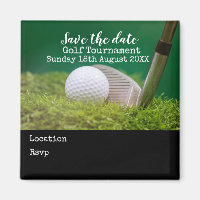 Golfboll med golfklubba på green save the date